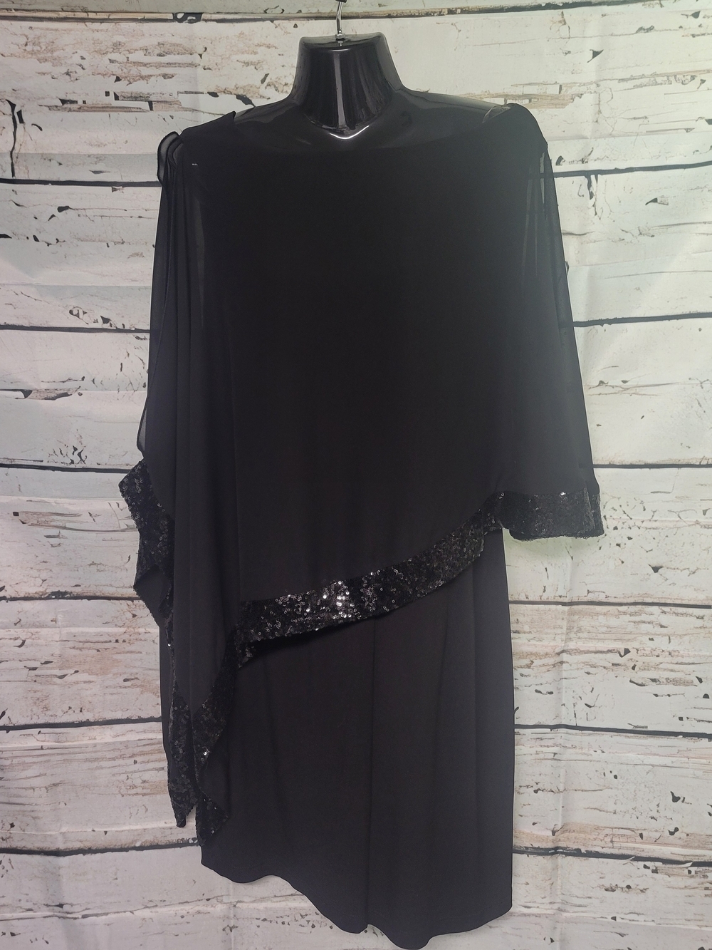 Lori M Collection Black Sequin Overlay Cocktail Dress Women's Large Cape Sheer
